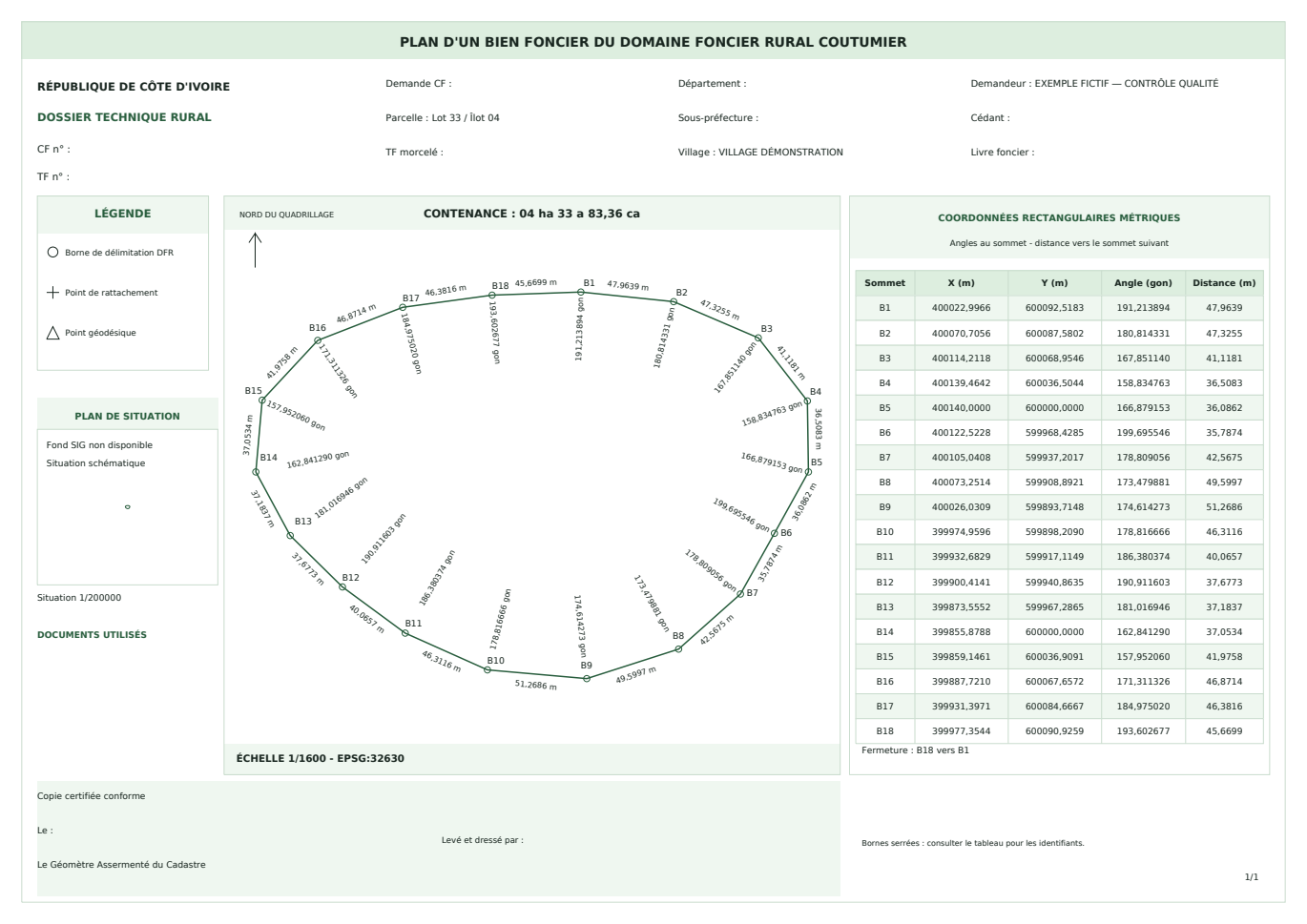 Exemple fictif d’un plan rural produit dans GeoVision Pro, avec limites, coordonnées et cartouche